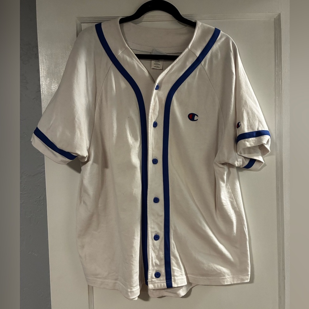 Champion Men’s White Baseball Jersey with Blue Trim (Size: Large)